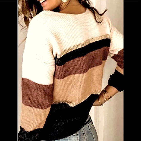 Sexy V-Neck Rib Kni knitted Long Sleeve Different Color Striped Sweater - Picture 4 of 4